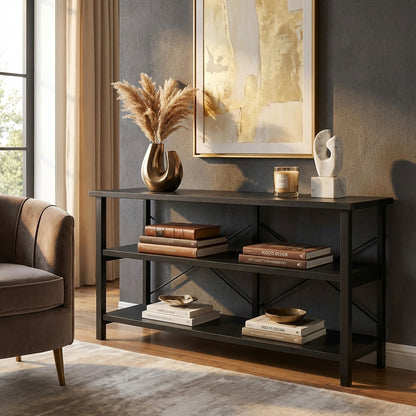 Serenity Industrial Console Table Bookcase TV Stand Storage Shelf Unit (Black)
