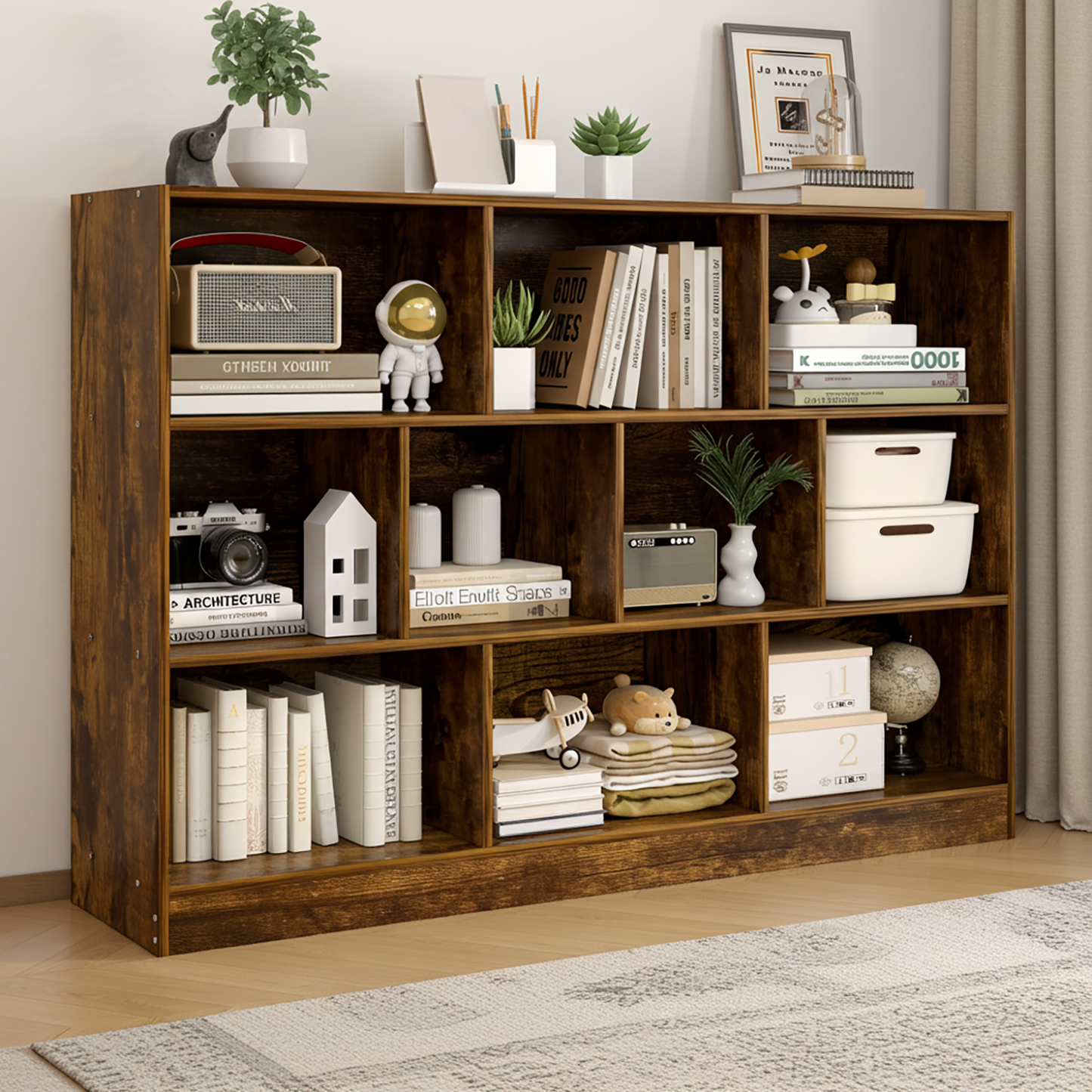 9 Shelving Insight Bookshelf Display Cabinet Bookcase Shelf Organiser (Rustic Wood)