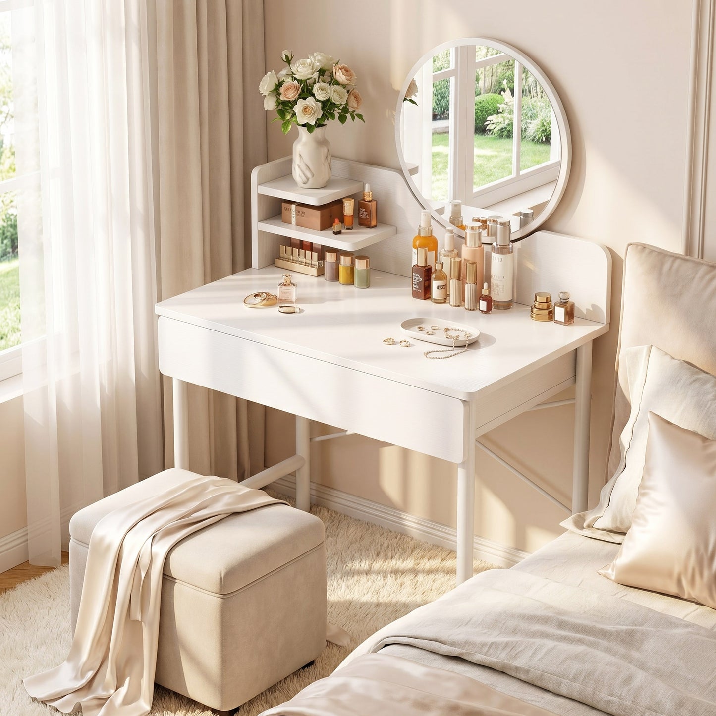 Luxe Dresser Makeup Vanity Dressing Table with Round Mirror Drawer White
