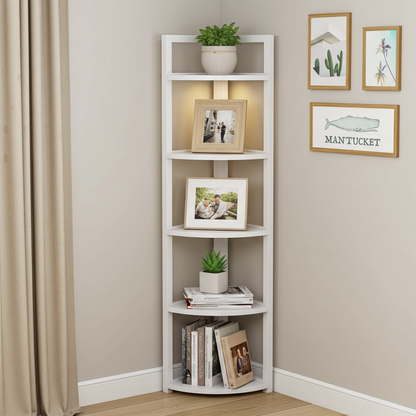 Optima 5 Tier Wood & Steel Corner Shelf Organizer Unit (White)