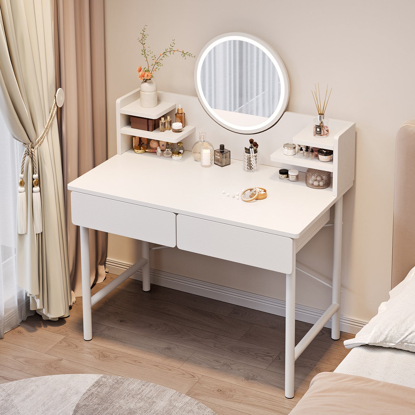LED Luminous Mirror White Makeup Vanity Dressing Table with Storage Drawers