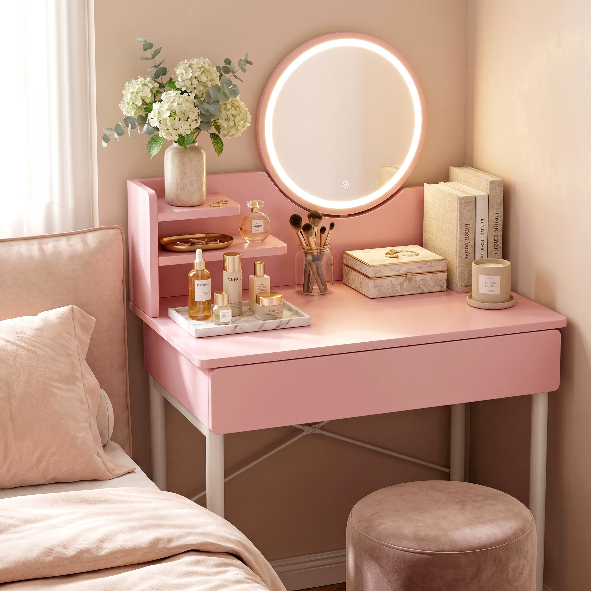 LED Luminous Mirror Makeup Vanity Dressing Table Pink Dresser with Dra