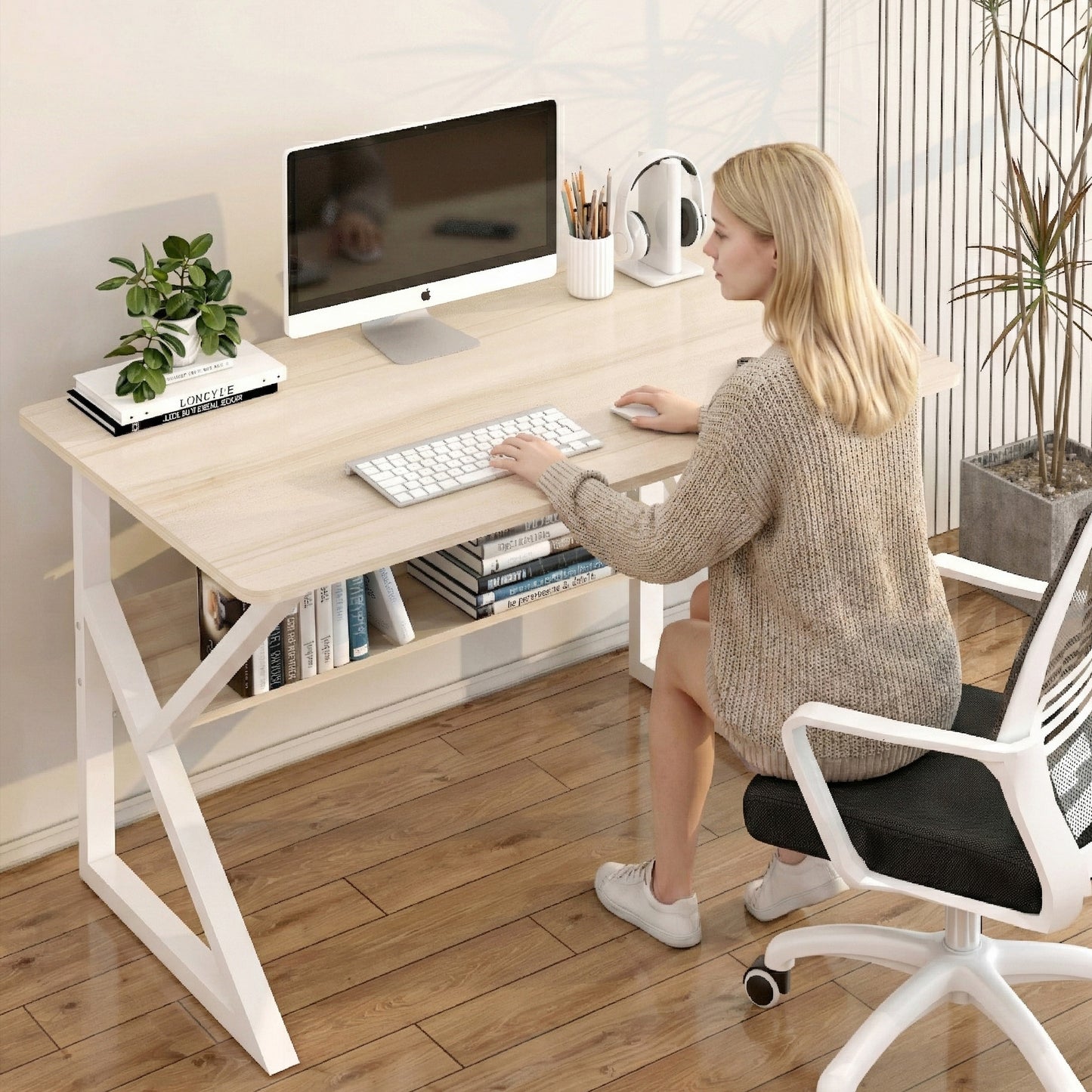 Kori Wood & Metal Computer Desk with Shelf (White Oak)