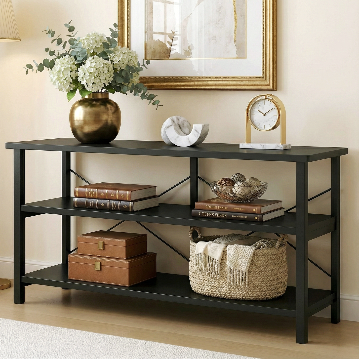 Serenity Industrial Console Table Bookcase TV Stand Storage Shelf Unit (Black)