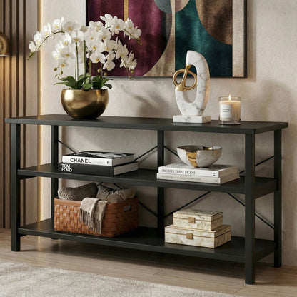 Serenity Industrial Console Table Bookcase TV Stand Storage Shelf Unit (Black)