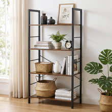 Multifunction Bookcase 4 Tier Rustic Wood & Steel Storage Shelf Organizer