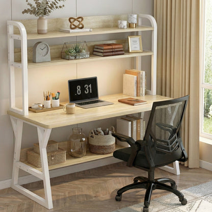 Aspire Large Industrial Office Computer Desk Workstation with Bookshelf (White Oak)