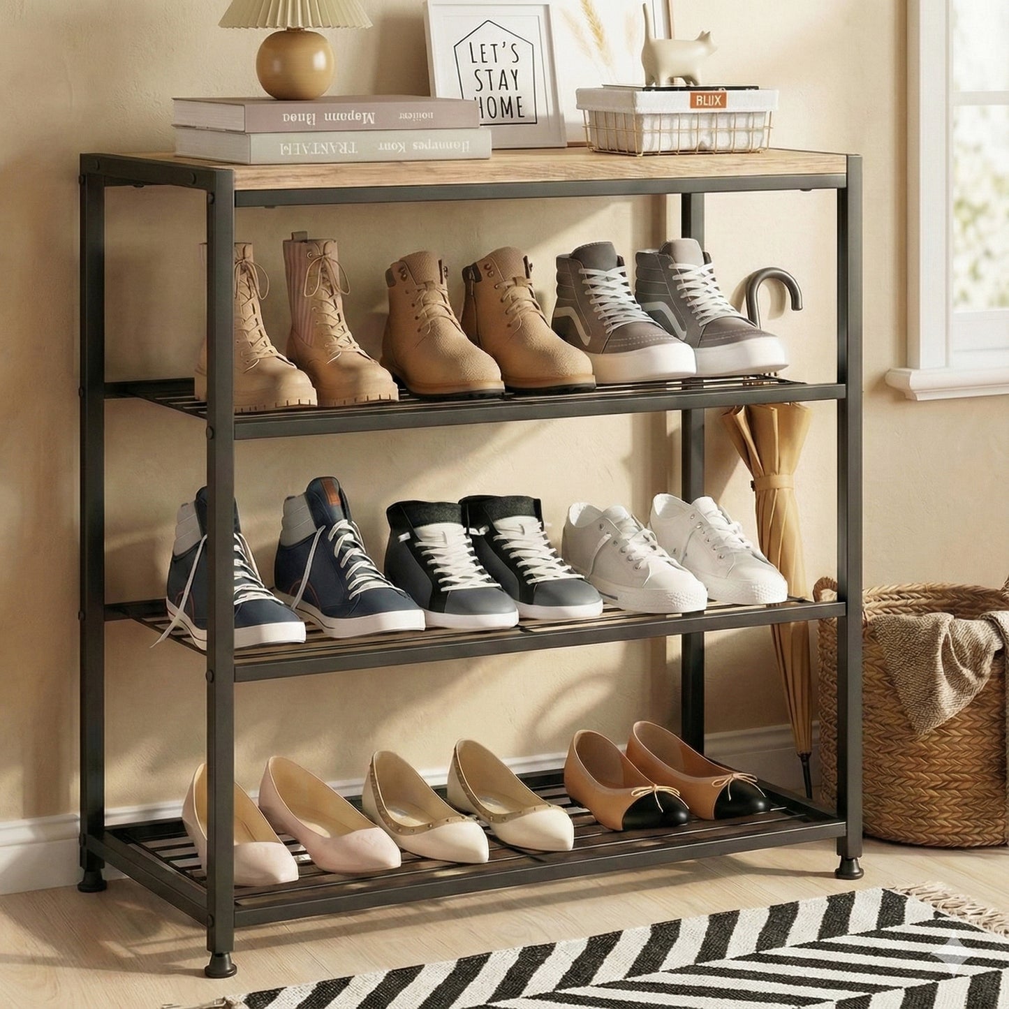 Vita 4-Tier Wood & Metal Shoe Rack Storage Shelf Organiser (Rustic Oak)