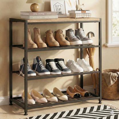 Vita 4-Tier Wood & Metal Shoe Rack Storage Shelf Organiser (Rustic Oak)