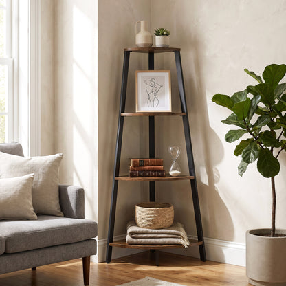 4-Tier Corner Ladder Shelf Unit Rustic Wood & Steel Display Stand Storage Rack