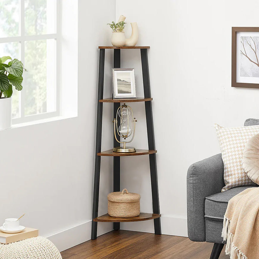 4-Tier Corner Ladder Shelf Unit Rustic Wood & Steel Display Stand Storage Rack