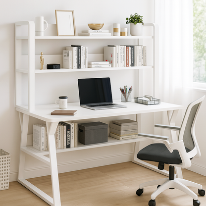 Aspire Large Industrial Office Computer Desk Workstation with Bookshelf (White)