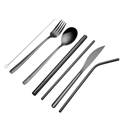 9PC Premium Cutlery Portable Travel Set Stainless Steel Knife Fork Spoon Straws (Black)