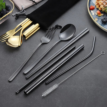 9PC Premium Cutlery Portable Travel Set Stainless Steel Knife Fork Spoon Straws (Black)