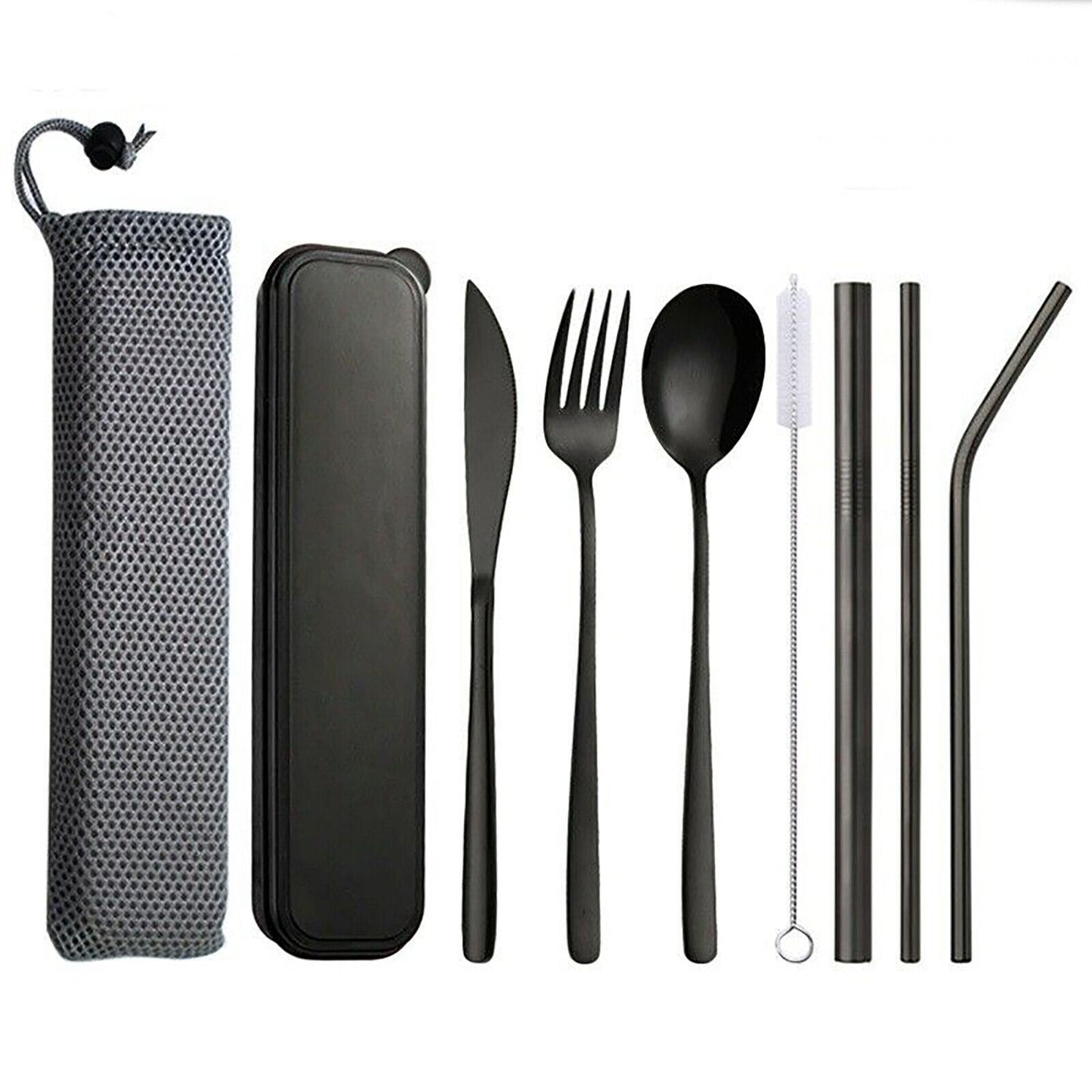 9PC Premium Cutlery Portable Travel Set Stainless Steel Knife Fork Spoon Straws (Black)