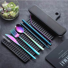 9PC Premium Cutlery Portable Travel Set Stainless Steel Knife Fork Spoon Straws (Colourful)
