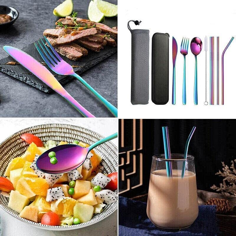 9PC Premium Cutlery Portable Travel Set Stainless Steel Knife Fork Spoon Straws (Colourful)