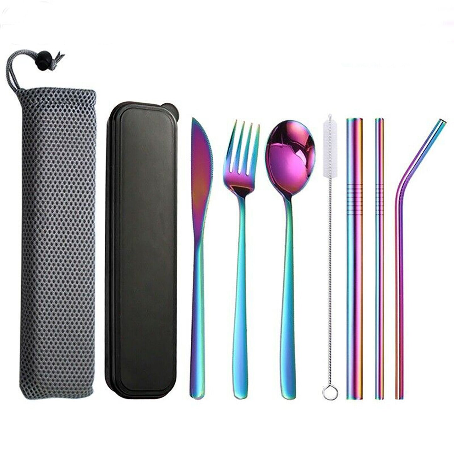 9PC Premium Cutlery Portable Travel Set Stainless Steel Knife Fork Spoon Straws (Colourful)