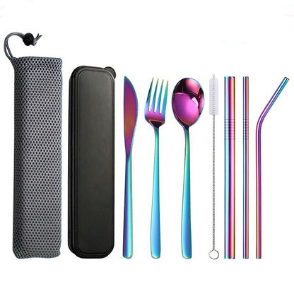 9PC Premium Cutlery Portable Travel Set Stainless Steel Knife Fork Spoon Straws (Colourful)