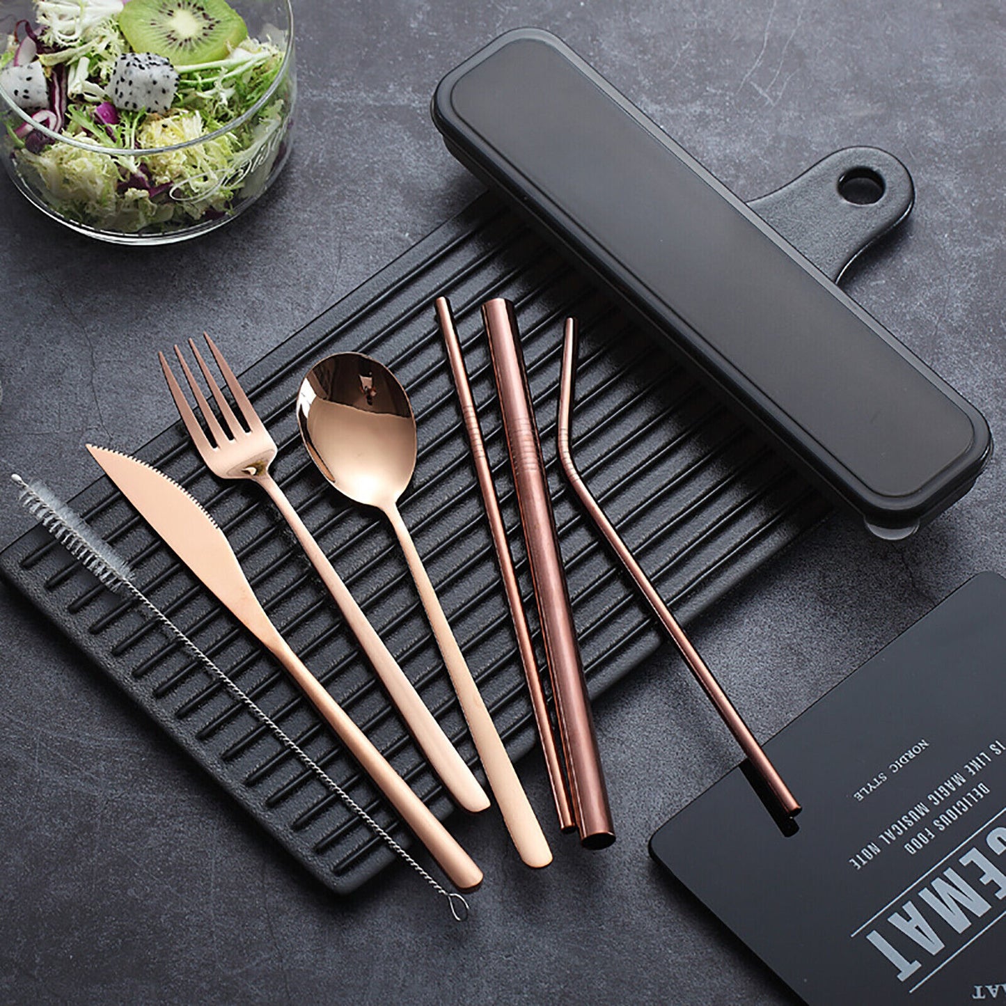 9PC Premium Cutlery Portable Travel Set Stainless Steel Knife Fork Spoon (Rose Gold)