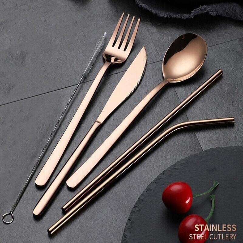 9PC Premium Cutlery Portable Travel Set Stainless Steel Knife Fork Spoon (Rose Gold)