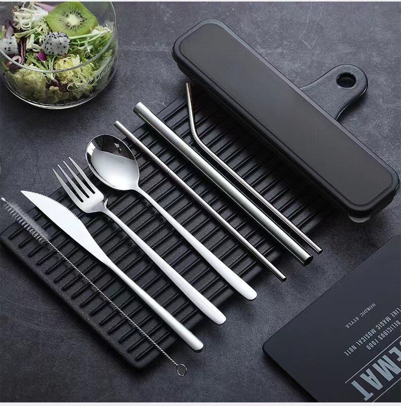 9PC Premium Cutlery Portable Travel Set Stainless Steel Knife Fork Spoon (Silver)