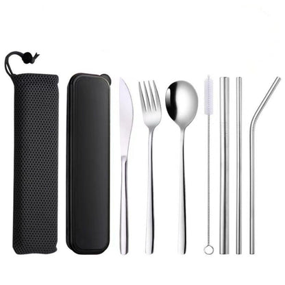 9PC Premium Cutlery Portable Travel Set Stainless Steel Knife Fork Spoon (Silver)