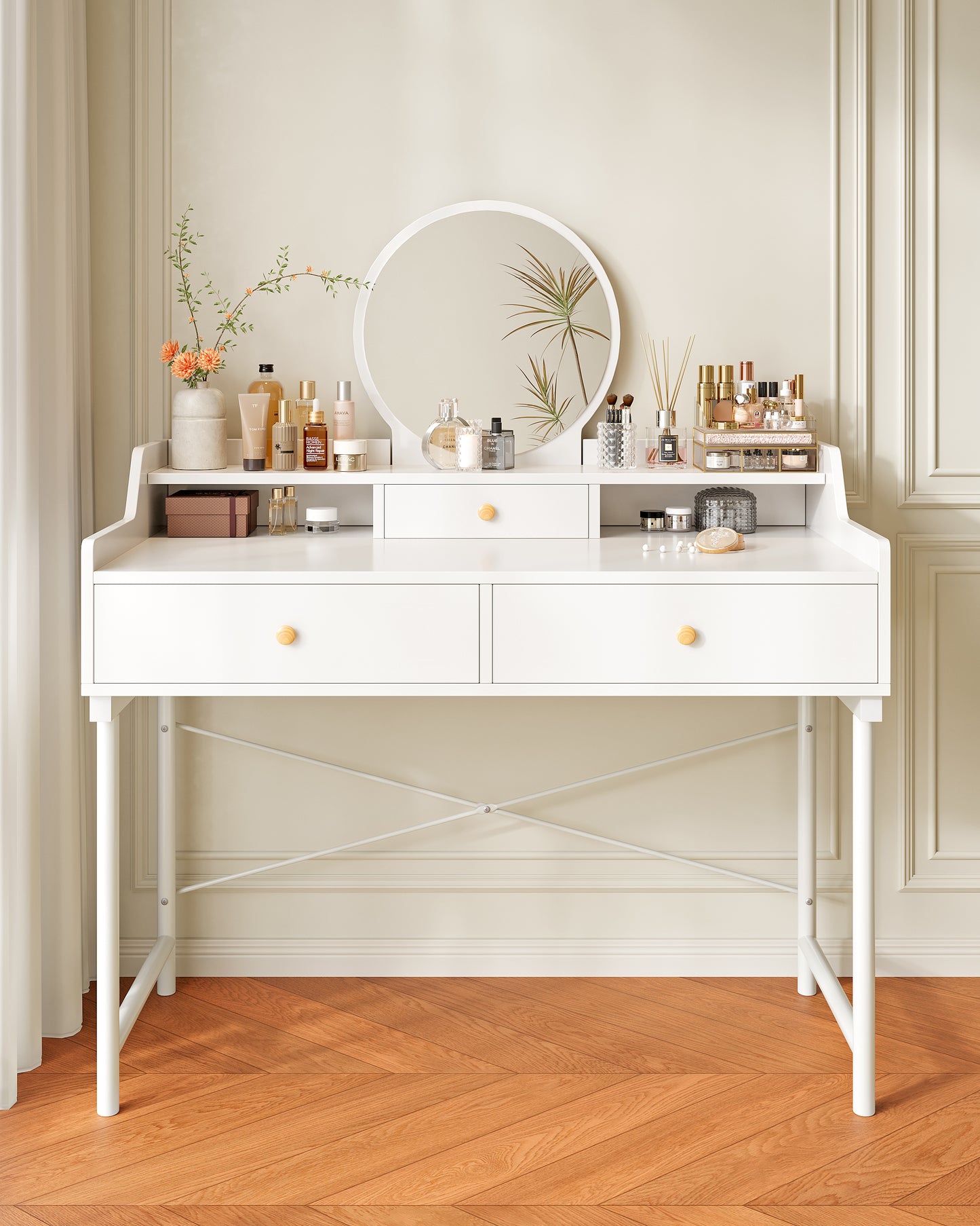 Grande Makeup Vanity Dressing Table with Round Mirror and Drawers White