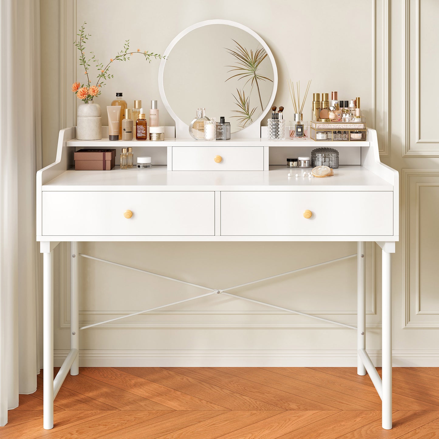Grande Makeup Vanity Dressing Table with Round Mirror and Drawers White