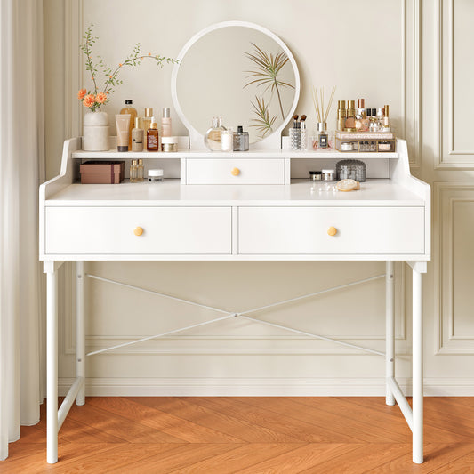 Grande Makeup Vanity Dressing Table with Round Mirror and Drawers White