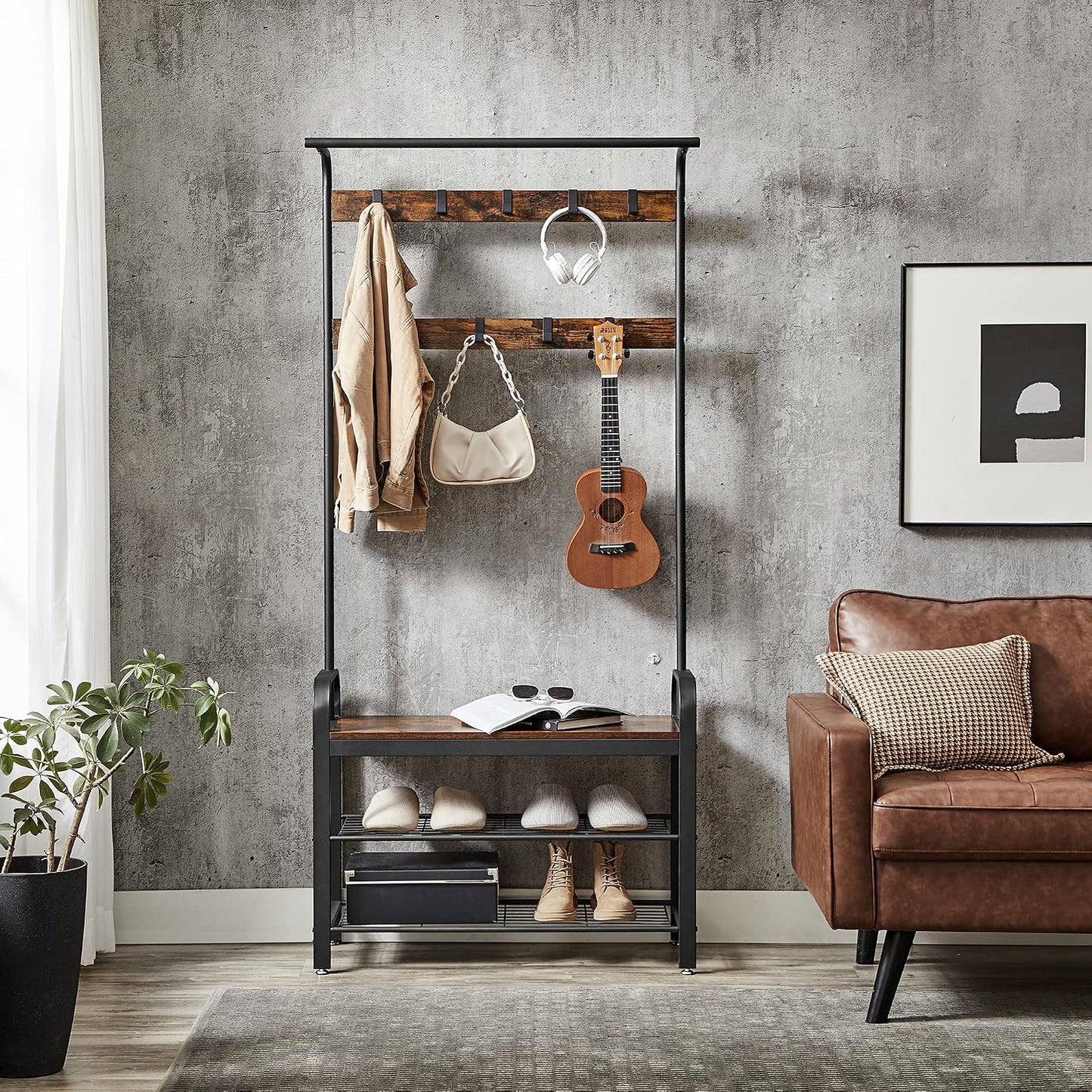 4-in-1 Tall Rustic Wood Coat Clothes Hanger Rack with Shoe Bench