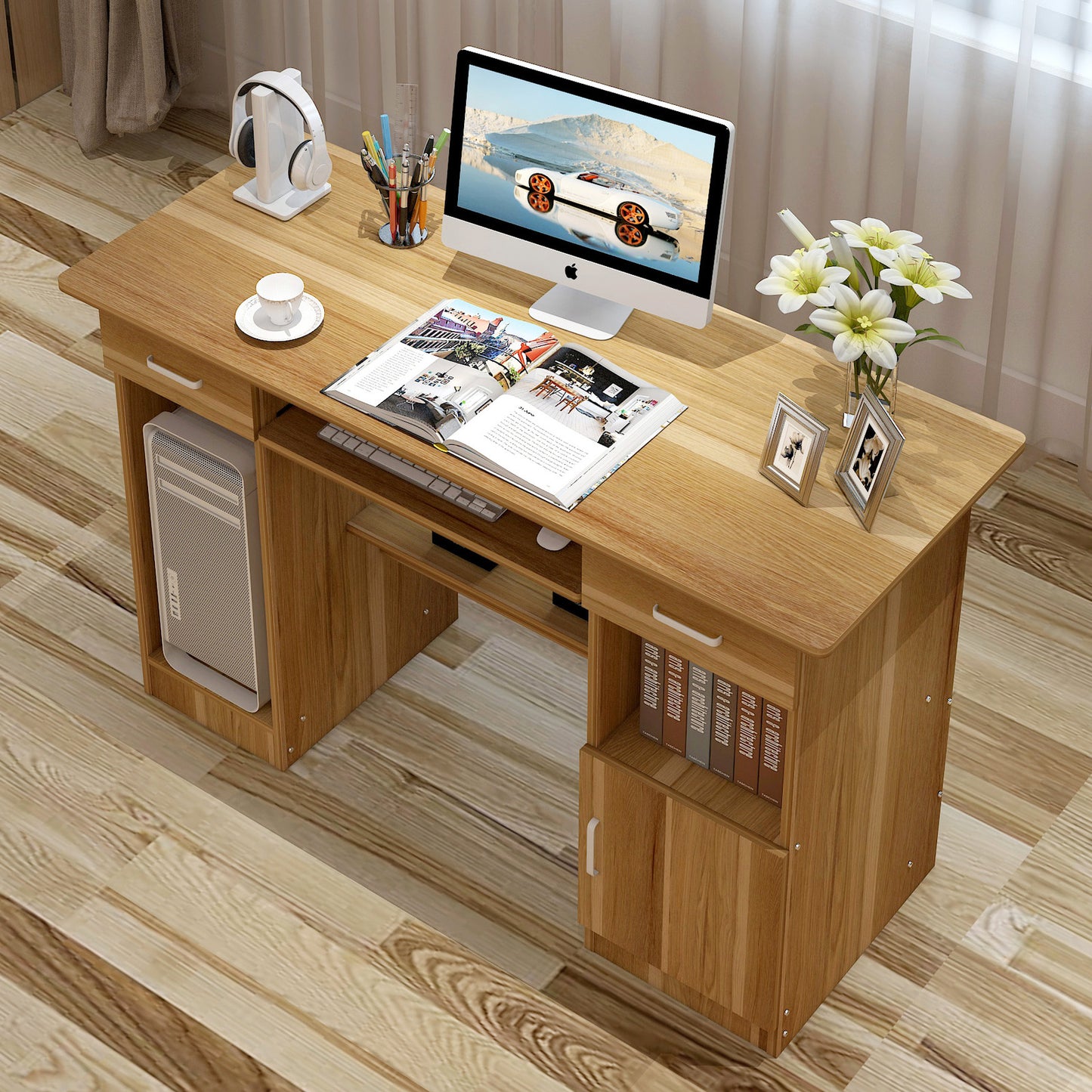 Executive Office Computer Desk with Drawers, Cabinet, Shelves (Oak)