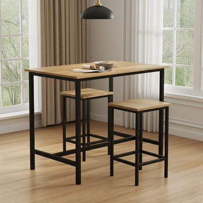 3 Piece Grandeur Premium Wood & Steel Bar Table and Stools Dinning Set (Rustic Oak)