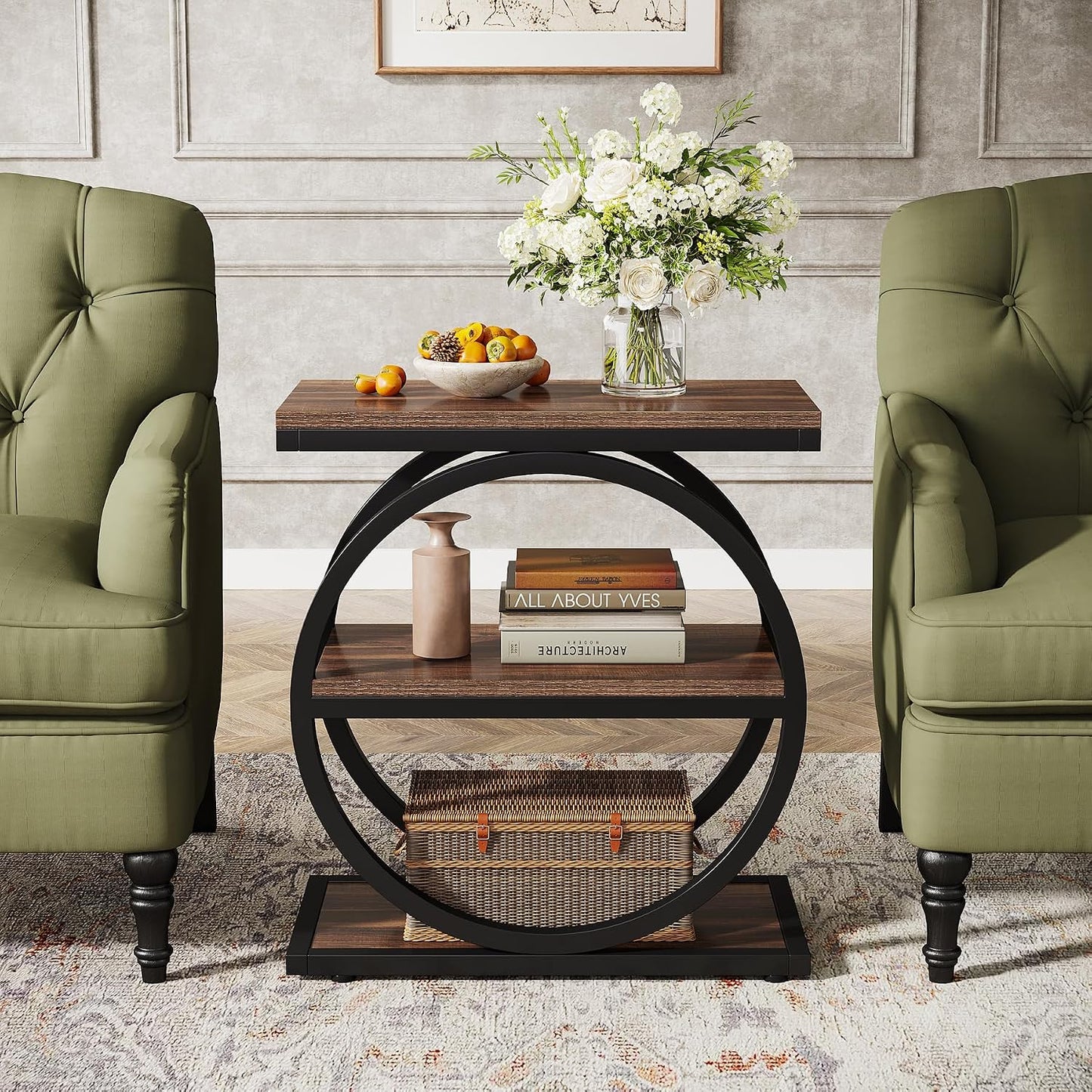 Eclipse Rustic Wood and Metal Round Side Table with Shelves