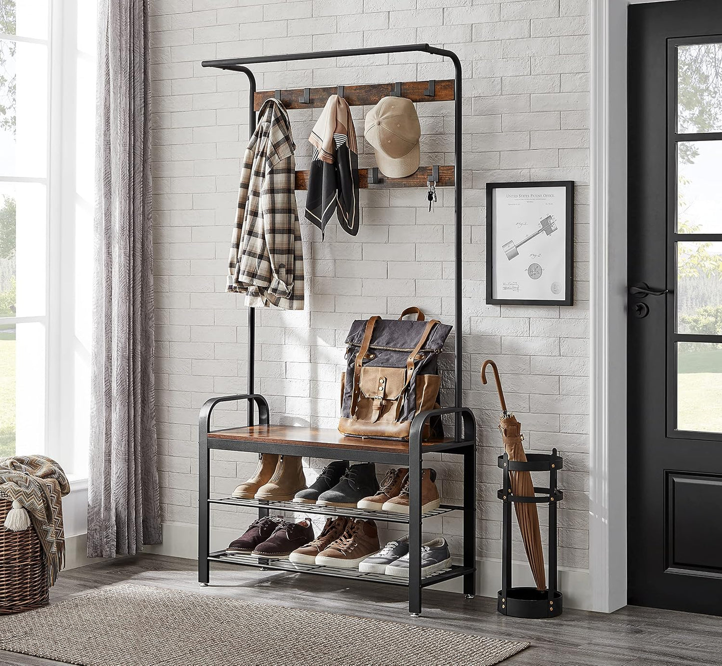 4-in-1 Tall Rustic Wood Coat Clothes Hanger Rack with Shoe Bench