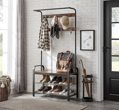 4-in-1 Tall Rustic Wood Coat Clothes Hanger Rack with Shoe Bench