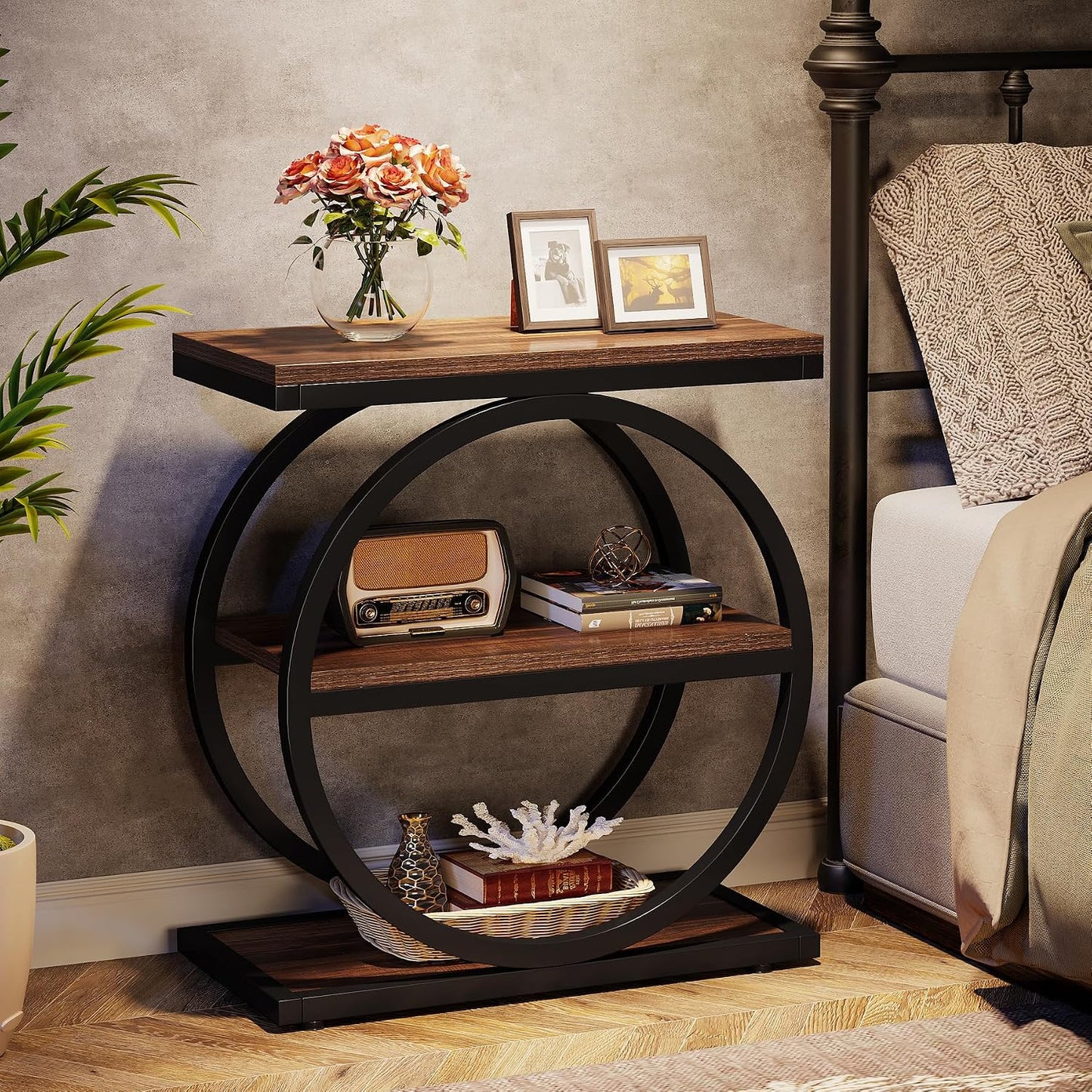 Eclipse Rustic Wood and Metal Round Side Table with Shelves
