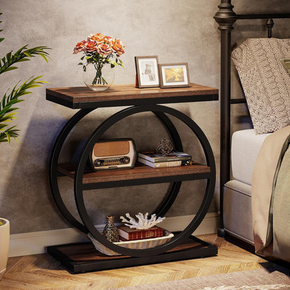 Eclipse Rustic Wood and Metal Round Side Table with Shelves