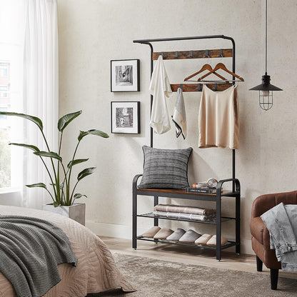 4-in-1 Tall Rustic Wood Coat Clothes Hanger Rack with Shoe Bench