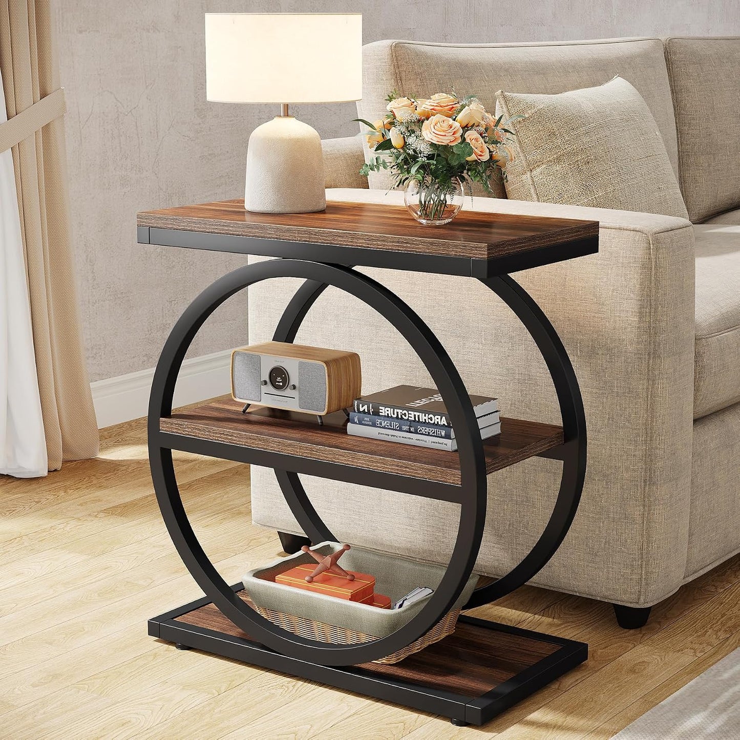 Eclipse Rustic Wood and Metal Round Side Table with Shelves