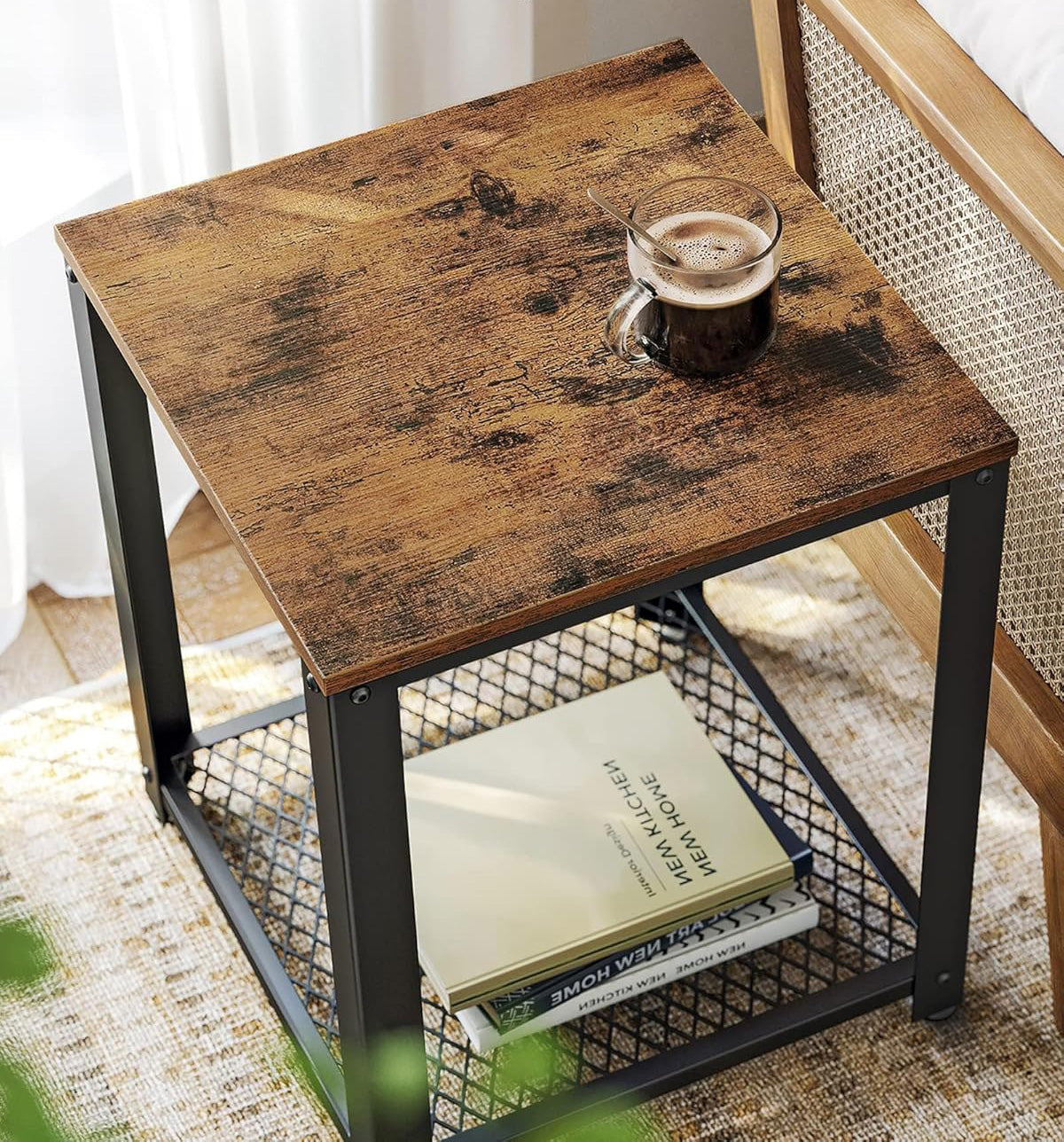 Loft Rustic Industrial Wood & Steel Side Table with Storage Shelf