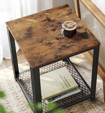 Loft Rustic Industrial Wood & Steel Side Table with Storage Shelf