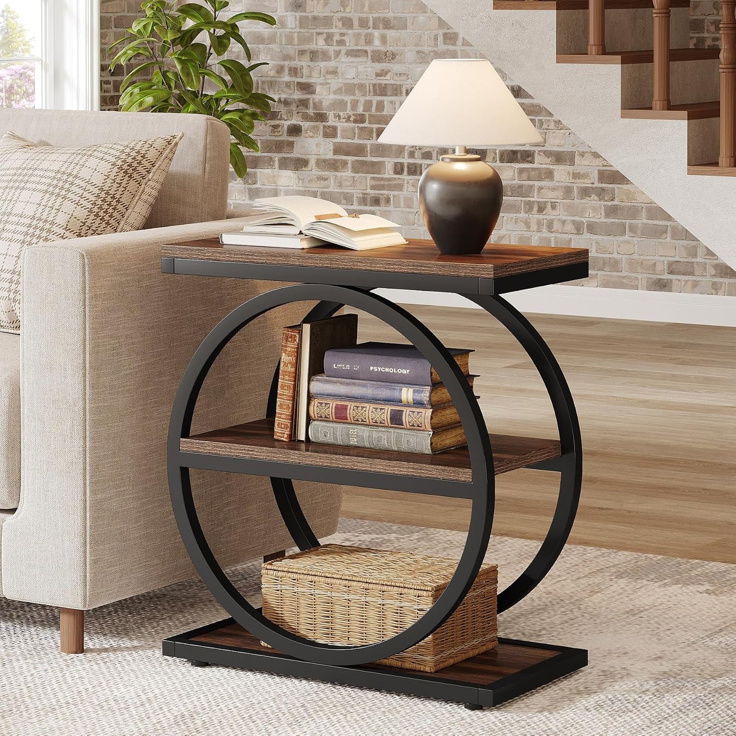 Eclipse Rustic Wood and Metal Round Side Table with Shelves
