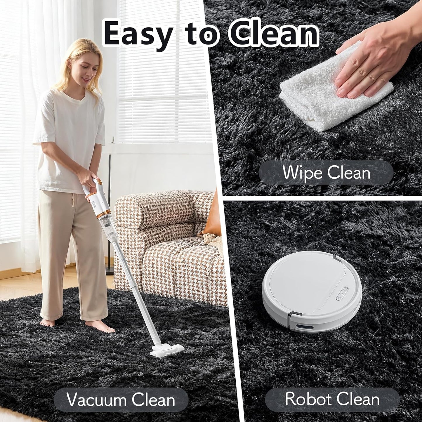 Luxe XL Extra Large Soft Shag Rug Carpet Mat (Black, 300 x 200)