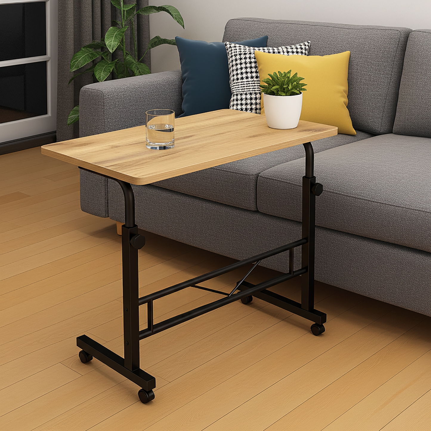 Adjustable Portable Sofa Bed Side Table Laptop Desk with Wheels (Oak)