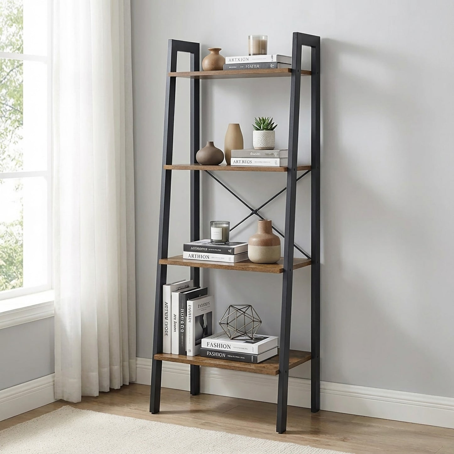 Elevate Rustic Wood & Metal 4-Tier Ladder Shelf Bookcase Storage Organizer