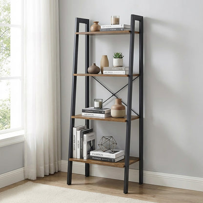 Elevate Rustic Wood & Metal 4-Tier Ladder Shelf Bookcase Storage Organizer