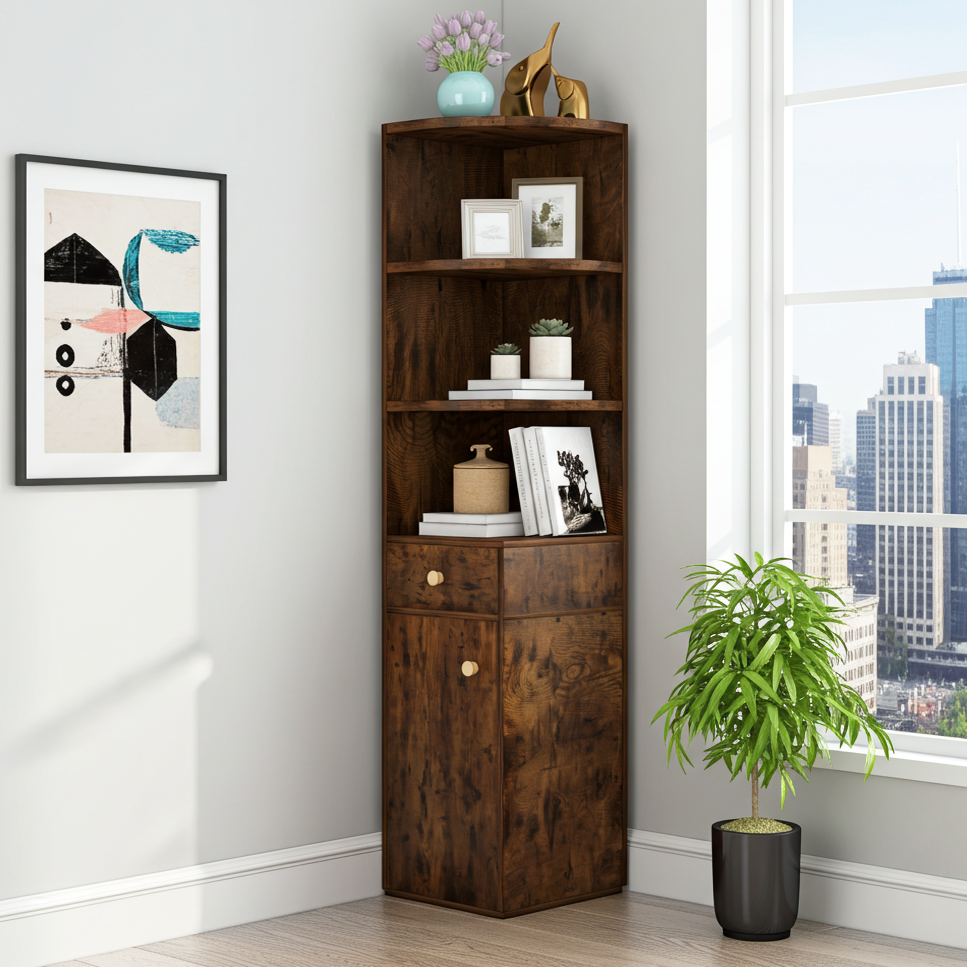 Vision Stylish Rustic Wooden Corner Shelf Unit with Cabinet & Drawer