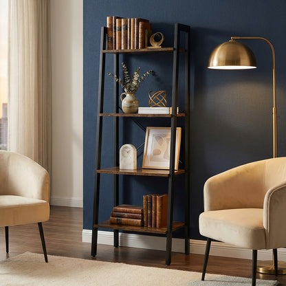 Elevate Rustic Wood & Metal 4-Tier Ladder Shelf Bookcase Storage Organizer