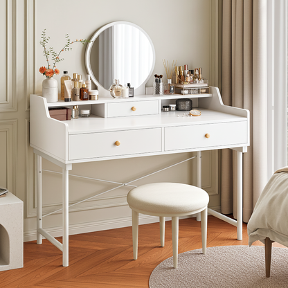 Grande Makeup Vanity Dressing Table with Round Mirror and Drawers White